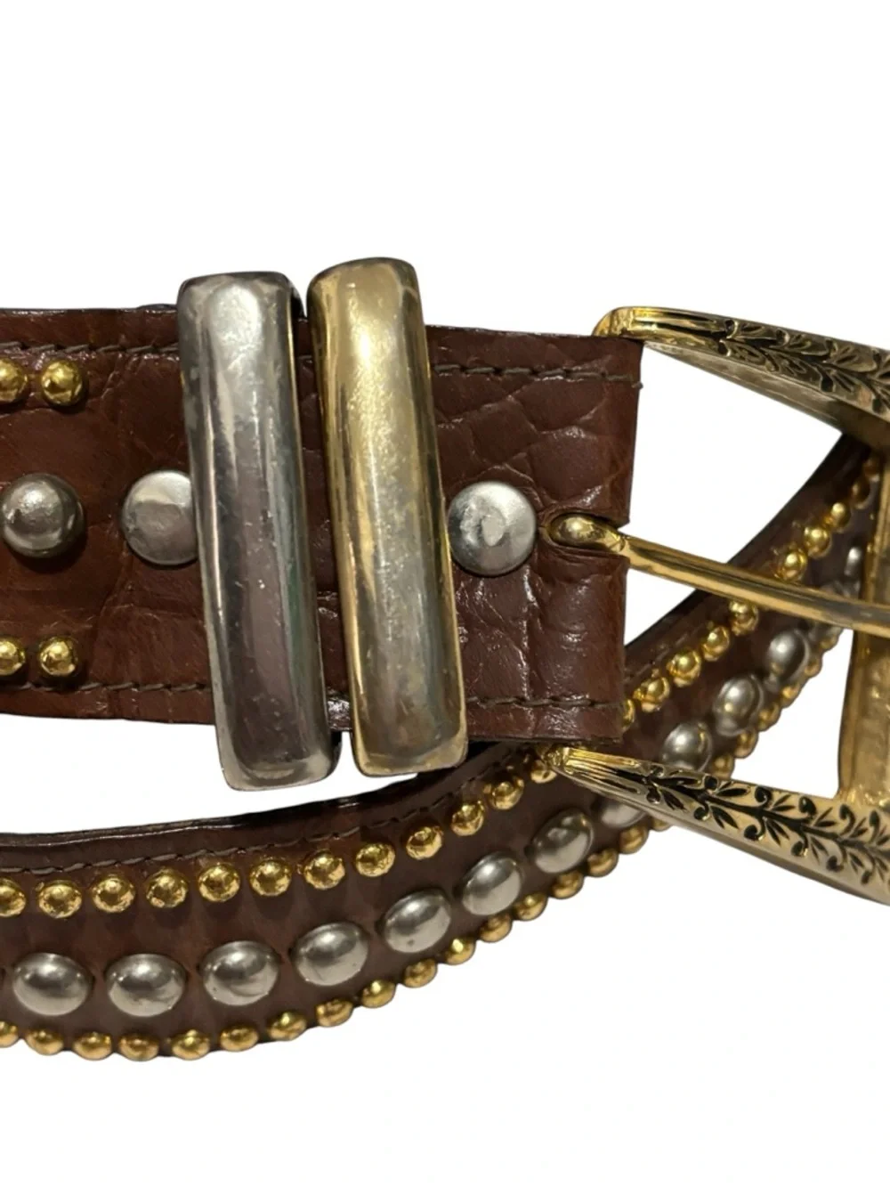 Vintage Sand Castle USA Studded Leather Western Belt Brown Gold Silver Rodeo